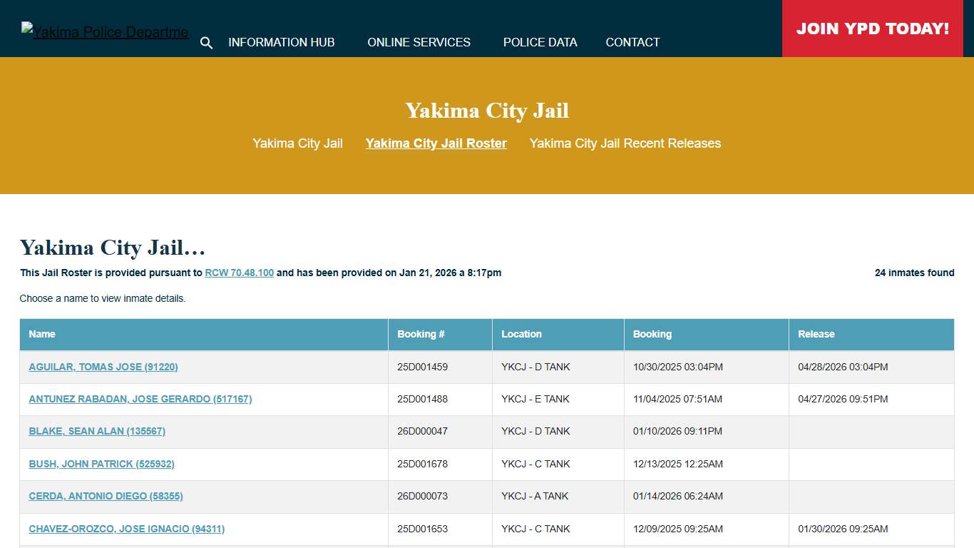 Yakima City Jail Roster | Yakima Police Department